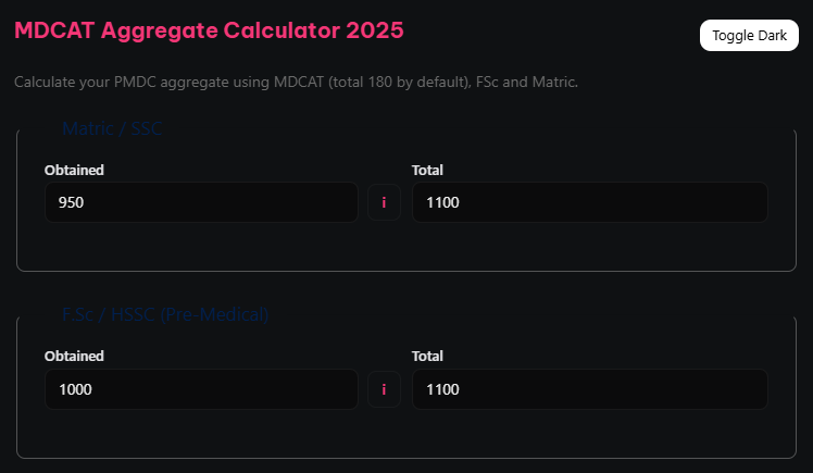 MDCAT Aggregate Calculator